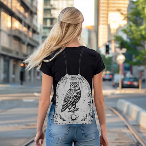 Castle Fairy Owl Drawstring Backpack 13"X16" Boho Gray Black Sackpack for Gym Sports Wild Animals Flower Galaxy Water Resistant String Bag for Women Men 6