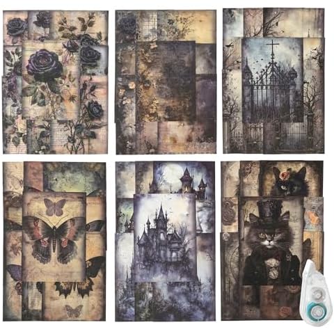 MiyouLuna 180Pcs Dark Fantasy Scrapbook Paper, Vintage Gothic Journal Ephemera Pack, Junk Journal Supplies for Scrapbooking Kit, with Glue Tape Cover
