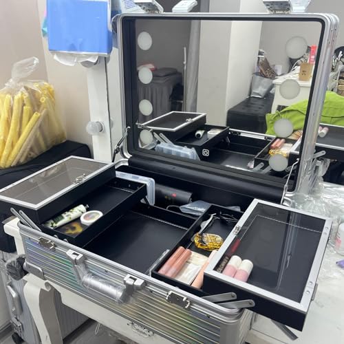 Estuche profesional de maquillaje rodante, organizador de cosméticos de aluminio duradero para artistas, estación de tocador móvil, negro (rayas)