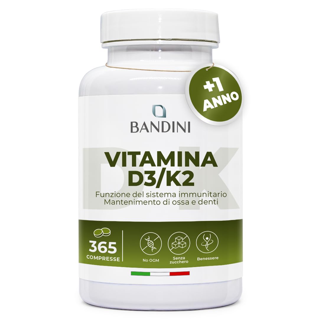 Bandini® Vitamin D3 K2 | 365 TABLETS (12 Months) | Vitamin D 2000 IU + 200 mcg Vitamin K | Vitamins MK-7 99% All Trans Vit D3+K2 | For Bones, Teeth, Muscles, Joints & Immune System