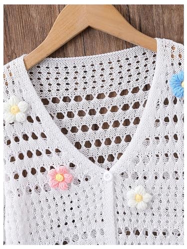 SHENHE Girl's 3D Floral Crochet Sweater V Neck Hollow Out Button Front Long Sleeve Cute Cardigan3