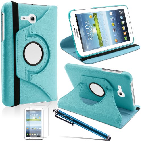 LK Luxury 360 Rotating PU Leather Case Cover For Samsung Galaxy Tab 3 Lite 7.0 T110 / T111 & Free Screen Protector + Stylus Pen (Sky Blue)