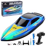 Ferngesteuertes Boot 15 KM/H Hochgeschwindigkeits RC Boot mit 2 Stunden Laufzeit, Selbstaufrichtend, 2.4GHz, LED Licht, Wasserdicht für Pool und See, 26cm RC Racing Boot mit Wiederaufladbarem Akku