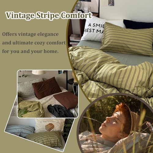 Image of mixinni Vintage Stripes Duvet Cover Set King - 3-Piece Mid-Century Cotton Olive & Taupe Striped Bedding, Soft Breathable All-Season Comforter Cover with Zipper Closure & Corner Ties-King Size