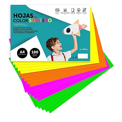 Cartulina de Colores, Cartulina A4 Colores Surtidos Fluor, Folios de Colores 180gr para Manualidades, Imprimir Documentos y Diseños Creativos, Folios de Colores A4 · m-office (x10 Surtido Fluor)