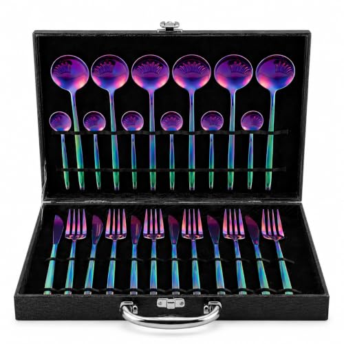 Image of 24-Piece Rainbow Stainless Steel Cutlery Set with Premium Storage Textured Plastic Box | Mirror Finish Flatware for 6 | Dinner Spoons, Forks, Knives & Teaspoons | Luxury Gift Set
