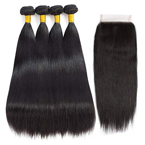 8A Brazilian Straight Hair 4 Bundles with Closure (18 20 22 24+18inch) 100% Unprocessed Virgin Human Hair Extensions Brazilian Straight Hair Bundles with Closure Natural Color