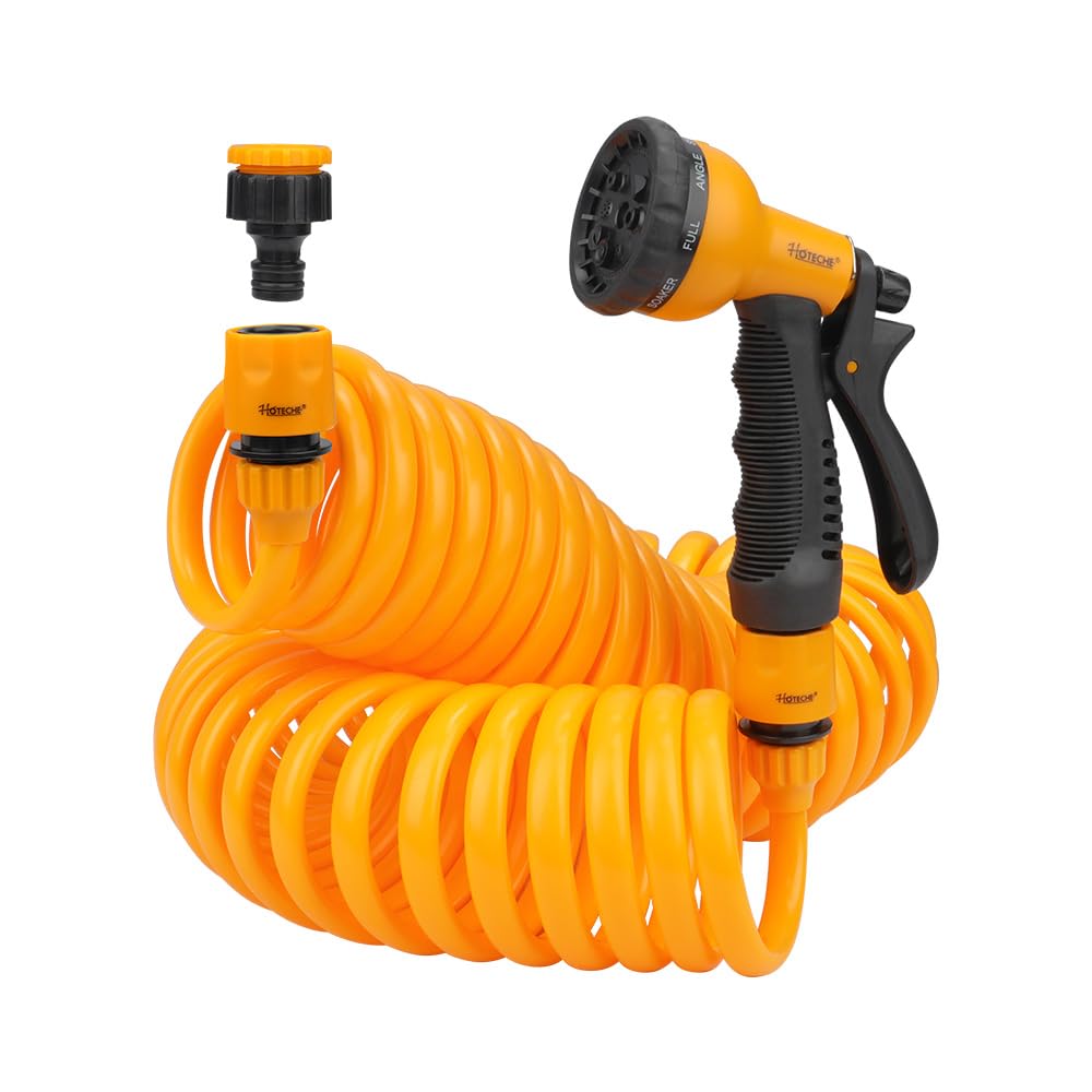 Hoteche Set di tubi per acqua da giardino, 15 m, tubo a spirale estensibile, tubo per acqua da giardino, Eva con 8 modalità per irrigazione piante, giardino e prato