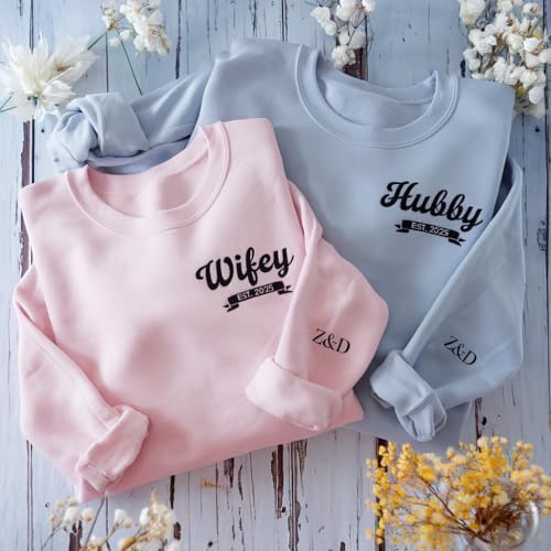 Custom Wifey & Hubby Embroidered Sweatshirt, Newlywed Honeymoon Outfit, Personalized Matching Couple Hoodie, Name On Sleeve, Engagement Clothings, Wedding Party Gift, Bride Groom Gift White2