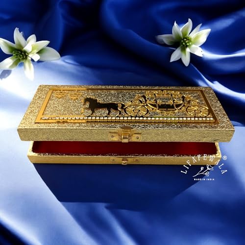 Image of Designer Rectangular Shaped Cash Box, Shagun Box, Gift Box, Gaddi Box, Jewellery Box in Exclusive Lazer Cut Baggi /Barat style | (Pack of 1) (Baggi Golden)