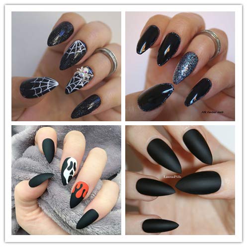 Nail Tips Black Fake Nails - Ejiubas Witch Black False Nail Tips Acrylic Nails Tips Full Cover Stiletto Nails Matte with Glossy Medium Artificial Nails 24pcs with 1 Nail Glue