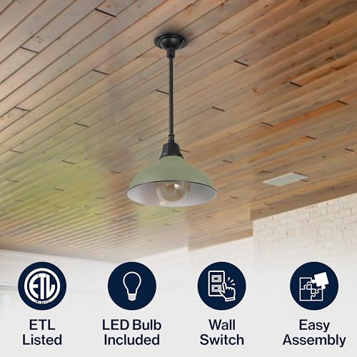 Image of JONATHAN Y Jasper 1-Light Farmhouse 12.25 inch Metal Pendant, Matte Olive Green | Indoor Outdoor Use, Rustic Vintage Dome Shade, Adjustable Height, Kitchen Island Porch Entryway, LED Bulb Included