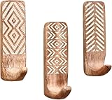 Indian Shelf 10 LB Decorative Wood Adhesive Wall Hooks – Boho Peel and Stick Hooks for Keys, Hats, Towels, Bags & Entryway Decor, Self Adhesive Wall Mounted Hooks for Home Organization-3 Pieces