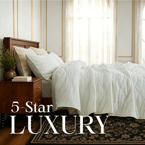 Image of DOWN HOME Crinkle Textured Velvet Quilt Set with Shams, All-Season Luxury Modern Bedding,Easy Care Comforter,Ultra-Soft,Lightweight & Breathable, King, Throne White