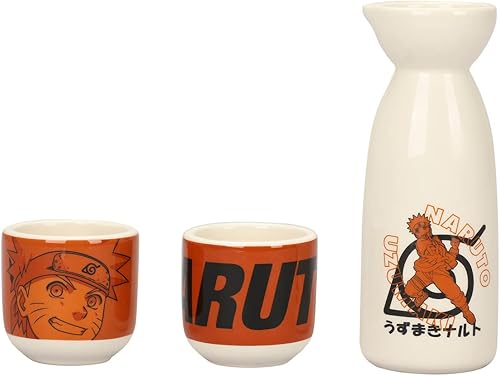 Bioworld Naruto Uzumaki - Juego de sake de cerámica de 3 piezas blanco y naranja con tazas