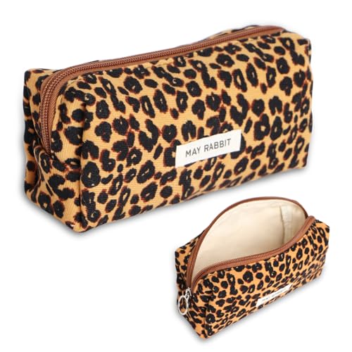 ICKEYOU Trousse en Velours Côtelé pour Filles et Adolescentes - Grande Capacité de Rangement pour l'École et le Bureau - Marron Motif Léopard