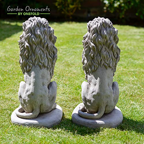 ONEFOLD Stone Two Sitting Lions Ornament Outdoor Garden Sculpture Pillar Caps