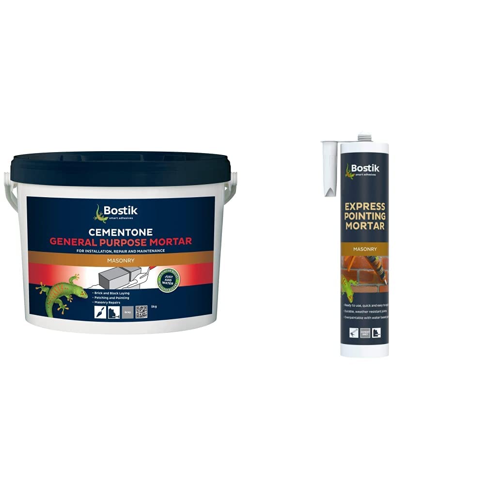 Bostik Cementone General Purpose Mortar, Pre-Mixed, Easy to Use, for Interior & Exterior Repairs & Maintenance, Colour: Grey, Size: 5kg & Express Pointing Mortar, Colour: Grey, 310ml
