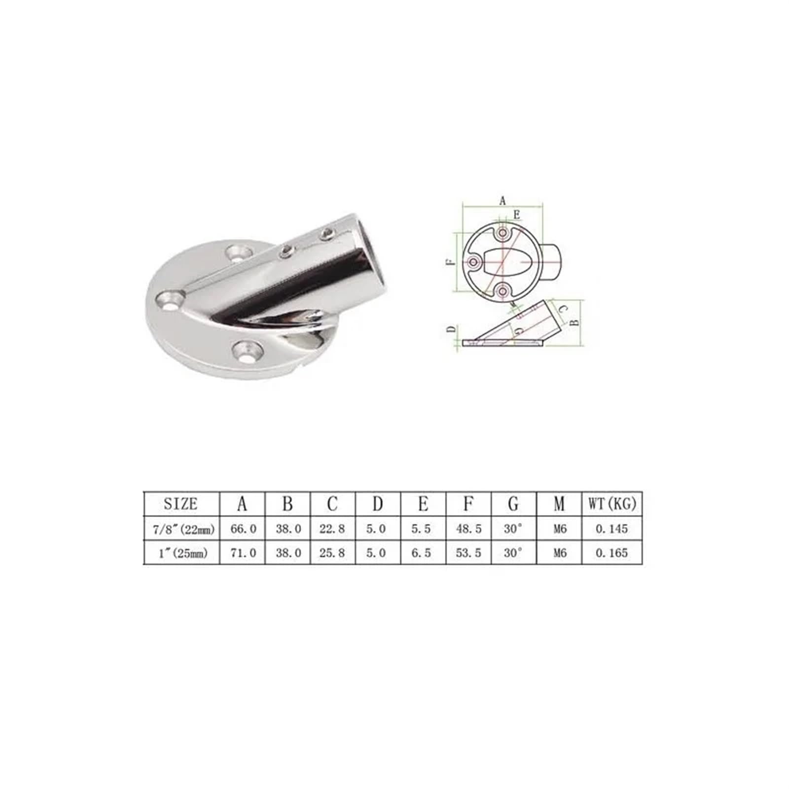 2PCS Yacht Barca Marine 30 Gradi in Acciaio Inox 316 Rotonda Guida di Base 22 Millimetri 25 Millimetri Tubo Rail Corrimano Raccordi connettori