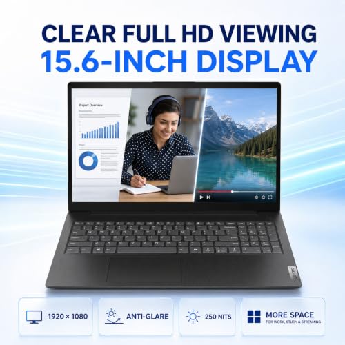 Image of Lenovo V15 Business Laptop, 15.6 inch FHD Anti-Glare Display, Intel N150 Quad-Core Processor, 8GB DDR5 RAM, 256GB PCIe SSD, Wi-Fi 6, RJ-45 Ethernet, HDMI, HD Webcam, Numeric Keypad, Windows 11 Pro