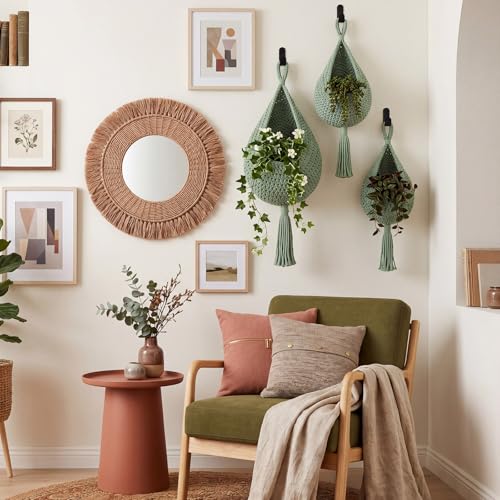 Image of Honeydak 3 Hanging Baskets, Sage Green, Tassel, Cotton Rope