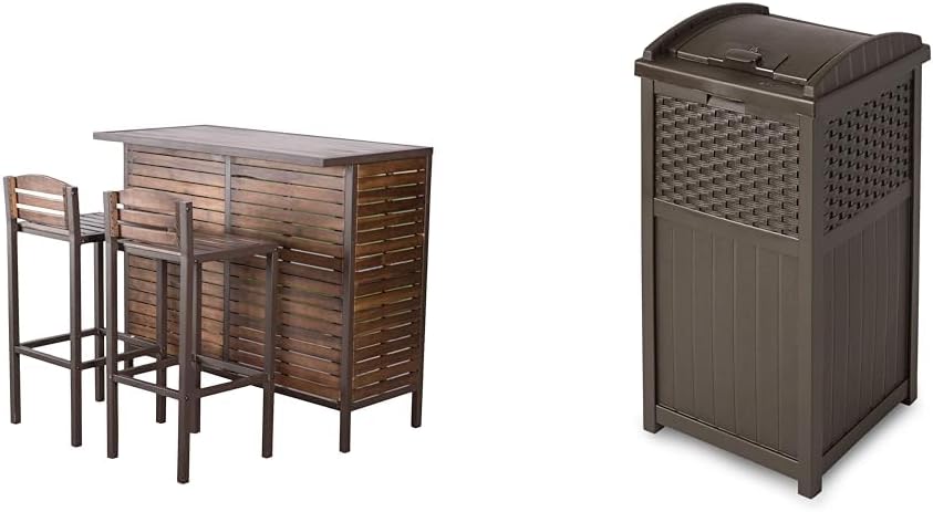 Christopher Knight Home Acacia Bar Set and Suncast 33-Gallon Outdoor Trash Can with Lid for Patio