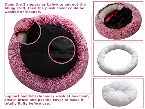 Comlax Beruhigende Donut Hundebetten Großer, Rundes Kissen mit abnehmbarem waschbarem Bezug, Anti-Angst-Kunstfell-Kuscheltier, Flauschiges, bequemes, pelziges Haustierbett (70cm, Rosa)