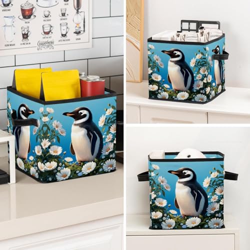 Boîte de rangement pliable durable pingouin mignon fleur en tissu - 8