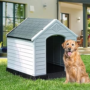 YITAHOME 41” Large Plastic Dog House Outdoor Indoor Doghouse Puppy Shelter Water Resistant Easy Assembly Sturdy Dog Kennel with Air Vents and Elevated Floor (41”L*38”W*39”H, Gray)