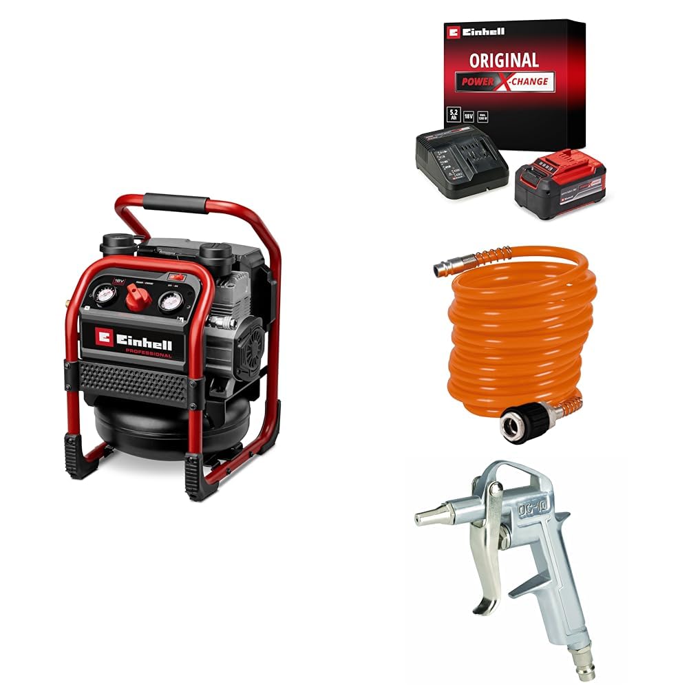 Einhell SILENZZO 18/160, Akülü Kompresör + 18V 5,2 Ah PXC Starter-Kit (Başlangıç Seti), Akü ve Şarj Cihazı + Spiral Hortum 6 mm, 4 m + Hava Tabancası - Kısa