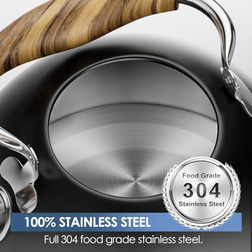 Chefbar 2.5 Liter Tea Kettle Stovetop Whistling Stovetop Tea Kettle for Stove Top, Tea Pots kettle for Stove Top Food Grade Stainless Steel Tea Kettles with Cool Wood Pattern Handle, Black