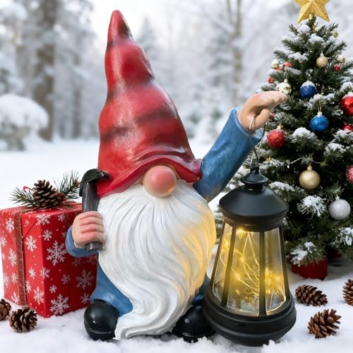 Garden Gnome Outdoor Decoration with Hammer Solar Gnomes Figurines with Lantern LED Lights Yard Lawn Patio Porch Decoration Gift for Woman Mother's Day Birthday Housewarming Gifts