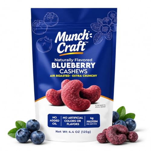 Munch Craft Gourmet Blueberry Cashews – Perfectly Balanced Flavor (Tangy Berry &amp; Buttery) – Extra Crunchy Air-Roasted Nuts, Oil-Free – No Artificial Colors or Flavors – 4.4 oz (125g) Resealable Bag