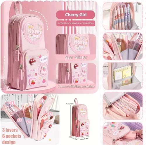 Image of Storio Plastic Premium Pencil Case 6 Layer with 3 Compartment Cute Aesthetic Pencil Case for Girls Large Capacity Pencil Pouch Multifunctional Pouch for School Kids Cute Stationary Gift - Pink
