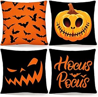 Whaline Halloween Pillow Cover Orange Black Pillow Case Pumpkin Bat Hocus Pocus Throw Cushion Cover Linen Cushion Cases for Home Office Halloween Sofa Bed Decoration, 18" x 18"(4Pcs)