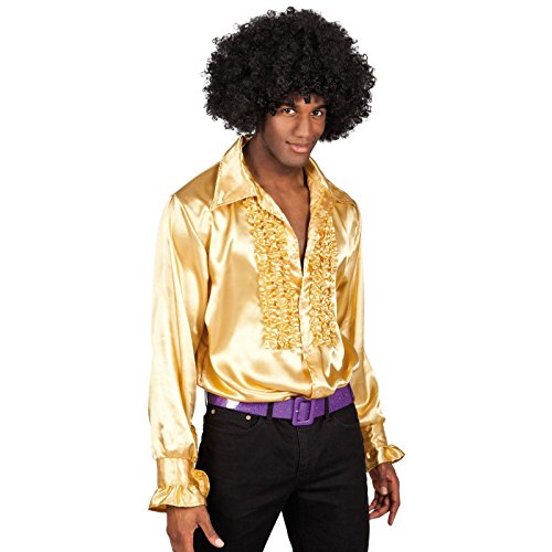 XL (54/56) – Camisa dorada de lujo para hombre de los años 60 de los años 70 con volantes de seda para fiebre nocturna, disfraz
