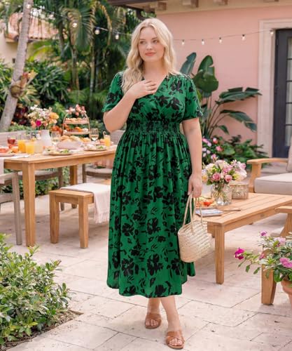Image of CARCOS Plus Size Dresses for Curvy Women V Neck Summer Maxi Dress Short Sleeve Floral Boho Dress Smocked Waist Beach Dress