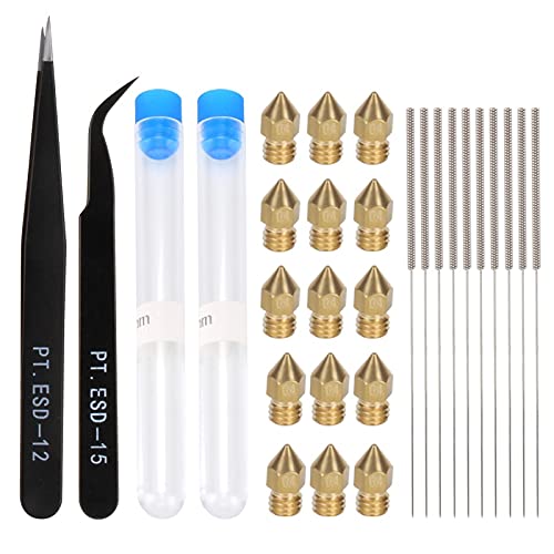 Lysee 3D Printer Parts & Accessories - Kee Pang 15pcs mk8 Nozzle 0.4mm + 10pcs Cleaning Needles 0.4mm Drill Bits +Pt. ESD-15 PT.ESD-12 Tweezers 3D Printer Parts - (Size: 21pcs per kit)
