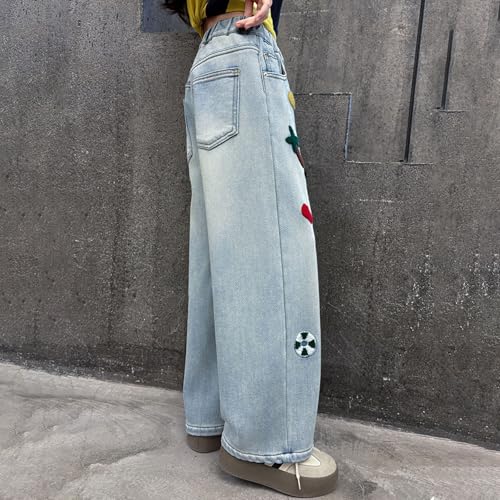 Girl's Bow Embroidered Baggy Jeans Elastic Wasit Wide Leg Denim Pants Casual Y2K Streetwear Cute Trousers with Pockets3