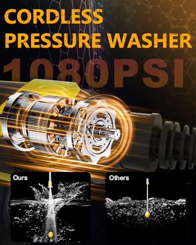 Image of 1080PSI CordlessPowerWasher with Foam Cannon for Car, Lane, Patio Cleaning, Yellow