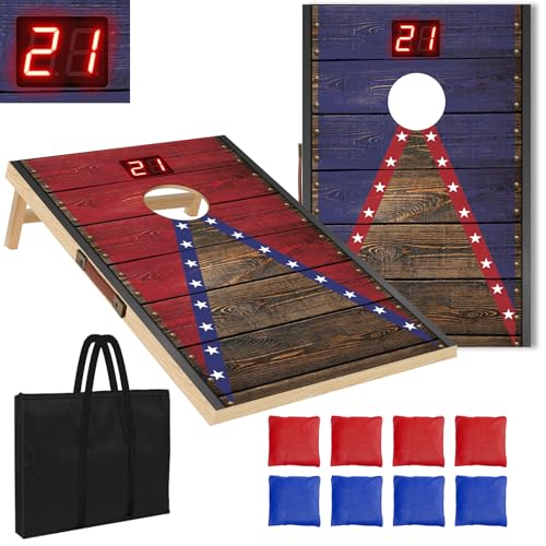 Image of Electronic Cornhole Board Set 4x2ft 3x2ft 2x1ft, Automatic Scoring Corn Hole Games for Adults & Kids, Wooden Portable Cornhole Set with 8 Bean Bags & Carrying Bag for Outdoor, Tailgate, Party