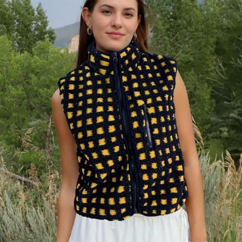 Songling Women's Checkered Sherpa Vest Fleece Winter Sleeveless Coat Zip Front High Neck Plaid Gilet with Chest Pockets2