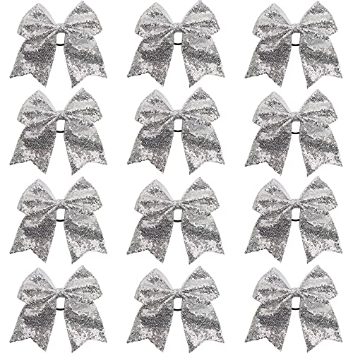 Motos, Apparel 12 lazos plateados de 17,7 cm grandes para niñas con lentejuelas con purpurina para el pelo, lazos de animadora, cintas elásticas para el pelo, para niñas,...