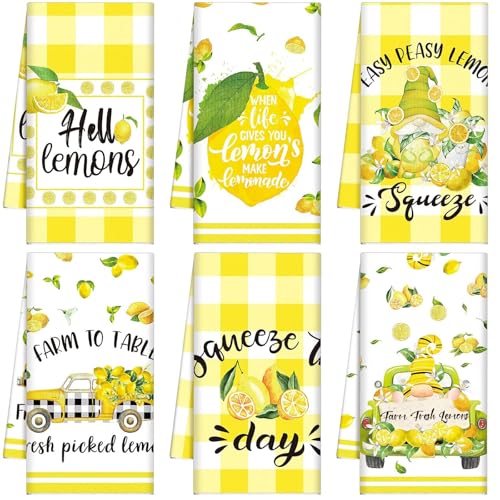 Set of 6 Lemon Kitchen Towels Summer Dish Beach Cloth Tea Towel Hello Lemons Nautical Kitchen Hand Tea Towels, Housewarming Gift for Home (Lemon)