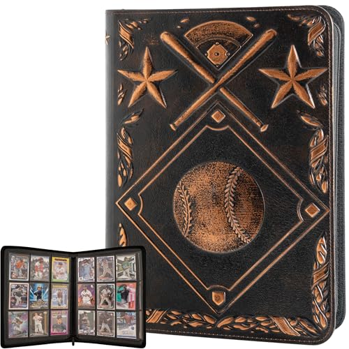 Image of Baseball Card Binder - Stunning 3D Raised & Hand Colorwashed PU Leather Binder - 9 Pocket Album w Zipper - 360 Side Loading Sleeves Book for Baseball Trading Cards - Works with Topps, Bowman, Panini..