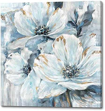 Flower Wall Art Abstract Blue: Large Magnolia Canvas Artwork Living Room White Floral Painting Gold Foil Blossom Modern Picture Elegant Gray Botanical Prints for Bathroom Gallery Office