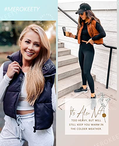 Merokeety Women's Zipper Stand Collar Cropped Puffer Vest Solid Color Padded Gilet Outerwear,Navy,M #TOP4