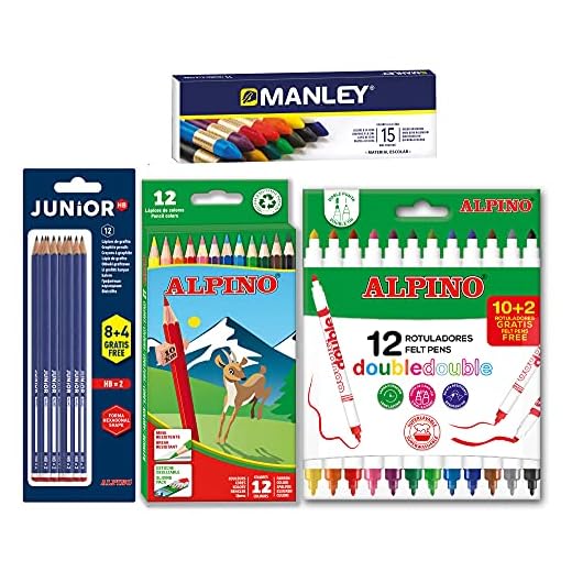 Alpino Lote Material Escolar | 12 Lápices de Colores + 12 Rotuladores Doble Punta + 12 Lápices Grafito + 15 Ceras Manley | Disfruta Pintando y Coloreando | Pack Material Escolar