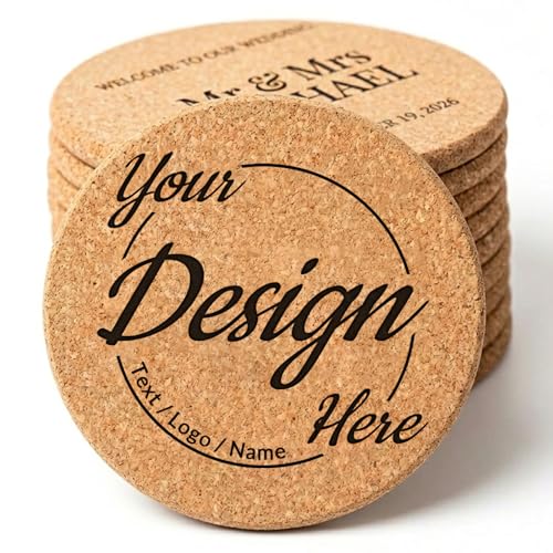Personalized Cork Coasters (30-100PCS) Custom Drink Coasters with Laser Engraved Logo Name or Text Slip Cork Cup Coasters for Bars Coffee Shops Weddings & Home Decor (Round Engraving)