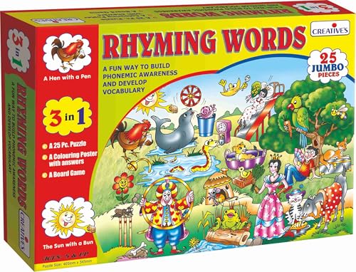 Image of Creative's Rhyming Words 3-in-1, Phonemic Awareness Game, 25 Jumbo Puzzle 24 Pairs Colouring Poster Board Game Dice, Early Reading, Vocabulary Spelling Skills Language Educational Games, Ages 5 & Up